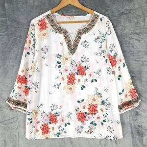 Womens Top Large Boho Floral Romantic Bloomcore Hippie Peasant Embroidered Tunic